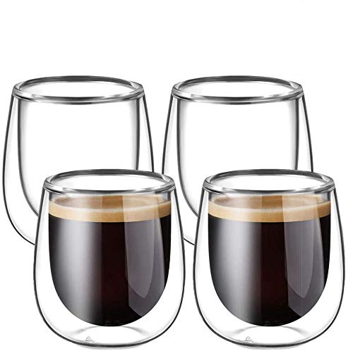 glastal 100ml*4 Tazas de Café de Cristal,Vasos de Espresso de Doble Pared Transparente,Tazas de Vidrio Borosilicato para Té,Café