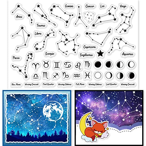 GLOBLELAND Luna Phase Sellos transparentes para DIY Scrapbooking Decor Constelaciones Planetary Map Silicona transparente Sellos para hacer tarjetas Álbum de fotos Decoración