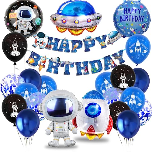 Globos Astronauta Cumpleaños Decoración, Globo Espacial con Happy Birthday Banners, Globos de Cohete Fiesta, Cumpleaños Decoracion espacial Cohete para fiesta espacio temática niños y niñas