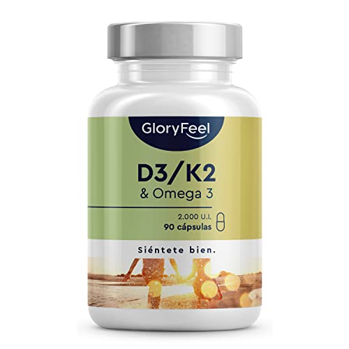 gloryfeel® Vitamina D3 y K2 + Omega 3-2000 UI de Vitamina D3 + K2 MK7 de K2VITAL® - 1000mg Omega 3 Aceite de Pescado (en forma de triglicéridos) 400mg EPA y 300mg DHA por cápsula