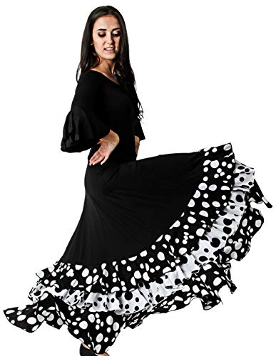 Gojoy shop- Falda Profesional de Lunares para Baile Danza Flamenco o Sevillanas para Mujer con 3 Volantes (M, Blanco)