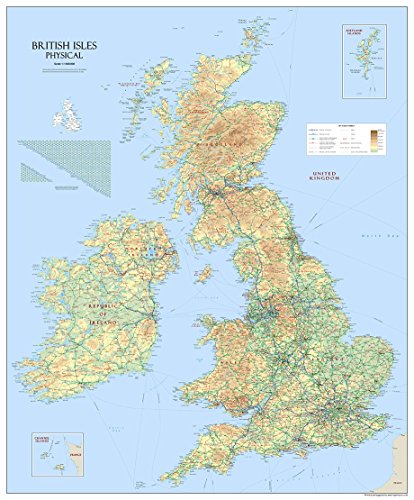 Gran mapa físico de las Islas Británicas en papel laminado de 120 cm x 100 cm