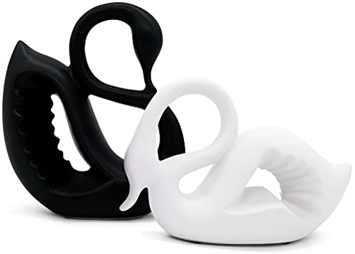 Gran Pareja de cisnes de cerámica en Blanco y Negro - Escultura Moderna de una Pareja de cisnes - Decoración de diseño de cisnes para la Buena Suerte y la armonía - Decoración de Figuras de Animales