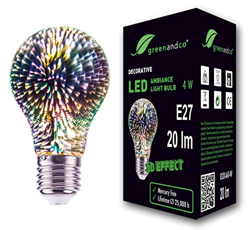 greenandco Bombilla LED efecto de fuegos artificiales en 3D para la iluminación decorativa de ambientes E27 A60 4W 20lm 360° 230V sin parpadeo, no regulable