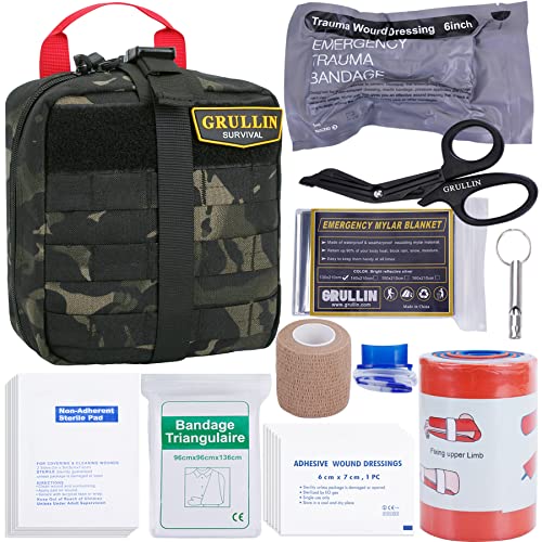 GRULLIN IFAK Kit de trauma, MOLLE Kit táctico de primeros auxilios de emergencia al aire libre, bolsa de primeros auxilios militar llena para aventuras, caza, camping, senderismo (camuflaje negro)