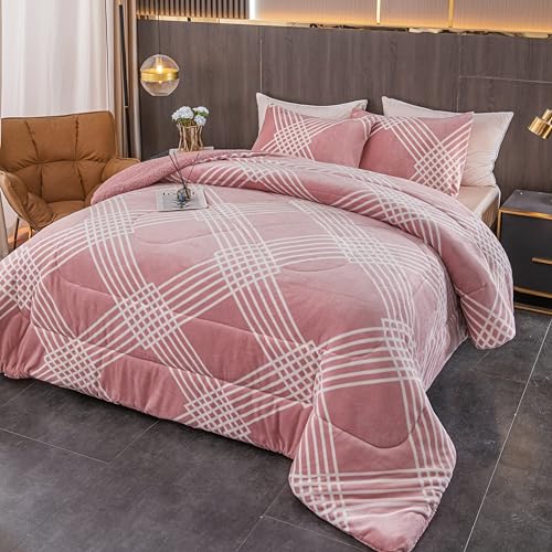 H HANSEL HOME Manta Gruesa Edredón Invierno Sherpa de Microfibra de 600 gr/m² con 2 Fundas Almohada, para Cama 135/150cm, Edredón Nórdico con Borreguito Suave y Cálido - 240x260 cm, Rayas Rosadas