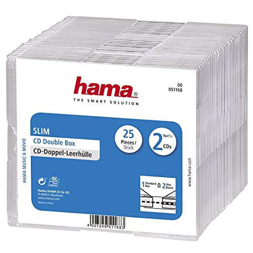 Hama Estuche doble para CD con diseño superdelgado para 50 CD/DVD/Blu-rays, paquete de 25, transparente, individual