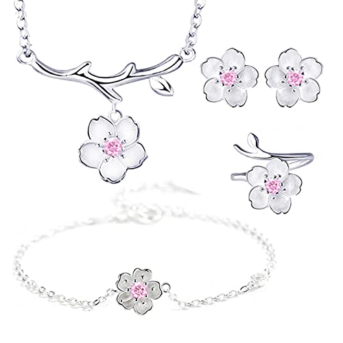 HCMA Conjuntos de Joyas de Plata 925 Collar de Flores románticas con Flores de Cerezo + Pendientes + Anillo + Pulsera para Mujer Conjunto de Joyas de Fiesta de Boda