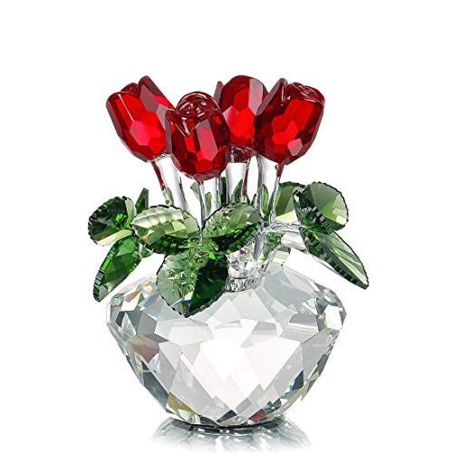 H&D HYALINE & DORA Adornos de pisapapeles de flor de rosa roja de cristal, figuras de mesa coleccionables de cristal, decoración de caja de regalo