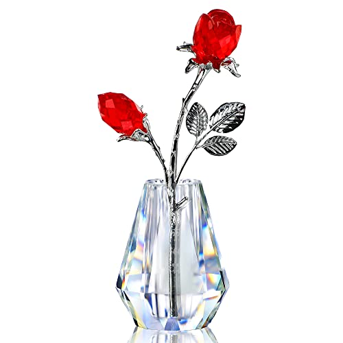 H&D HYALINE & DORA Rosas rojas de cristal, figura de flor de rosa de cristal con poste plateado, pisapapeles de rosa de cristal para siempre, regalo romántico para ella/esposa/mamá/mujer