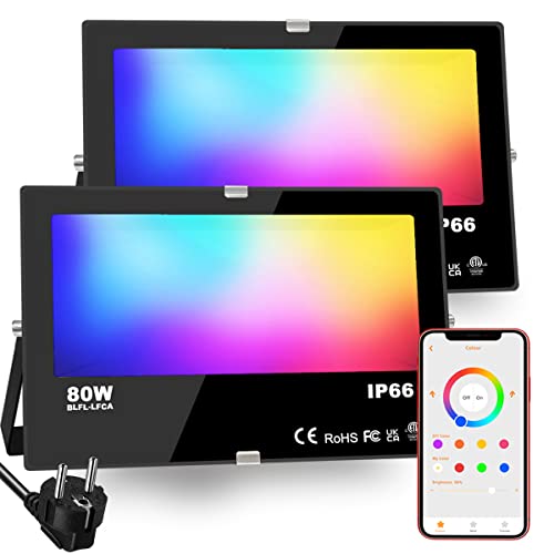 HEKEE Foco LED RGB de Colores 80W Inteligente Controlado por la Aplicación de Teléfono Foco Proyector Exteriores, IP66 Impermeable