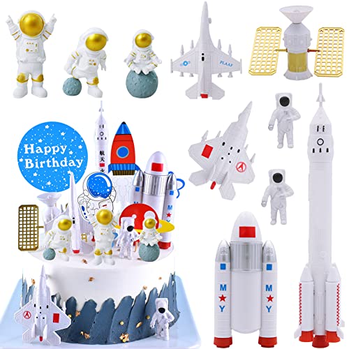 HGSHUO Astronauta Decoración para Tartas Espacio Figura Decoración de Pastel Happy Birthday Cake Topper para Tartas Cumpleaños Adorno para Tarta Fiesta de Cumpleaños 16 Piezas