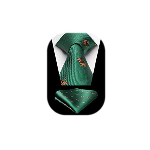 HISDERN Corbatas Verde Hombre y Pañuelo Corbata con Motivo León Modernas Conjunto Corbatas Elegante Boda