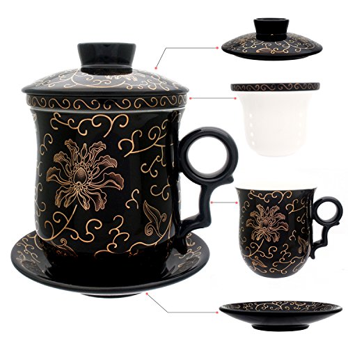 hollihi porcelana taza de té con tapa y platillo infusor Sets – chino Jingdezhen cerámica taza de café de té sistema de preparación de té para oficina en casa