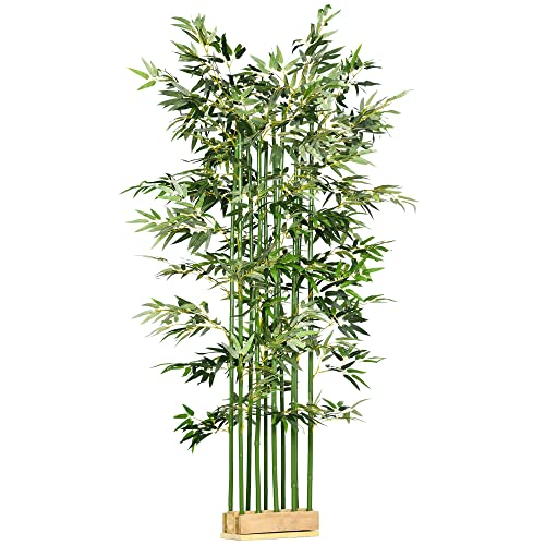 HOMCOM Bambú Artificial en Maceta de Madera de Pino 180 cm Planta Artificial con 1640 Hojas Realistas Decoración para Interior y Exterior Hogar 35x10x180 cm Verde