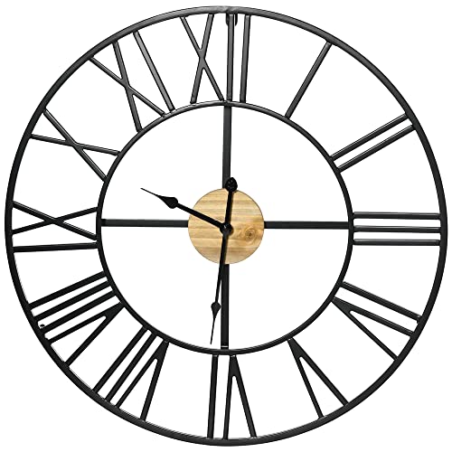 HOMCOM Reloj de Pared Grande Silencioso de Ø60 cm Reloj de Pared de Metal y Madera con Números Romanos sin Tictac Funciona con Pilas Estilo Vintage Decoración para Salón Dormitorio Oficina Negro