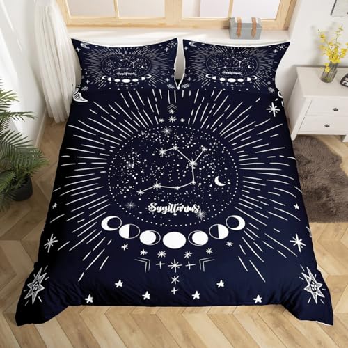 Homewish Juego de ropa de cama con diseño del zodiaco misterioso, funda de edredón con diseño de constelación doble, funda de edredón con temática de Sagitario, galaxia, astrología, estrellas