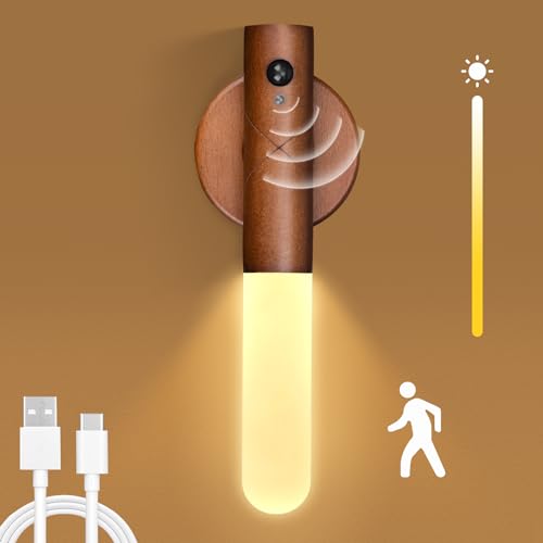 HONGNIX Lámpara de Pared de Madera con Sensor de Movimiento, USB Recargable Luz Nocturna Interior, 2 Modes Luz LED, Magnética, 3 Temperaturas de Color Ajustables, Adecuados para Dormitorios, Pasillos