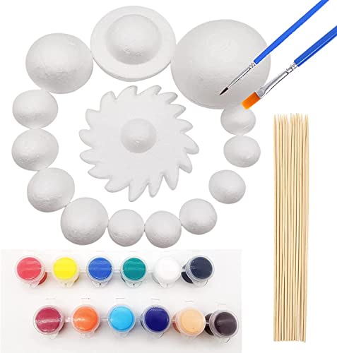Huimai Kit de Sistema Solar para Niños con 14 Bolas de Espuma, 12 Varillas de Bambú, 12 Pigmentos de Color, 2 Pinceles de Pintura para Sistema Solar, Enseñanza de Astronomía y Proyectos Escolares