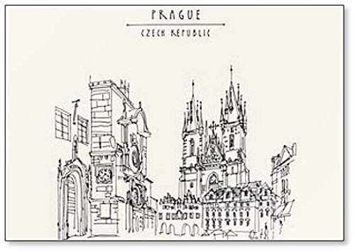 Imán para nevera con dibujo de Orloj (El reloj astronómico de Praga) y la iglesia Tyn