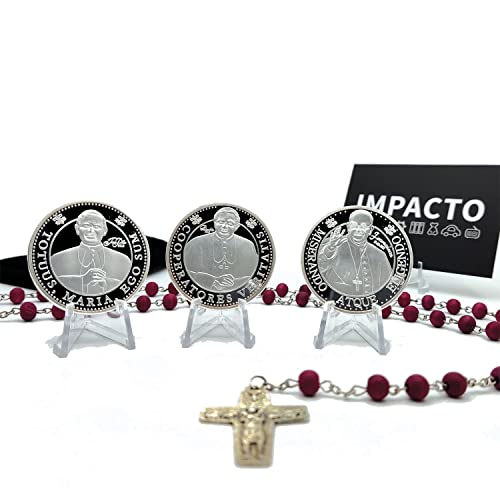 IMPACTO COLECCIONABLES 3 medallas conmemorativas de los Papas bañadas en Plata y Rosario con Aroma a Rosas de Regalo.