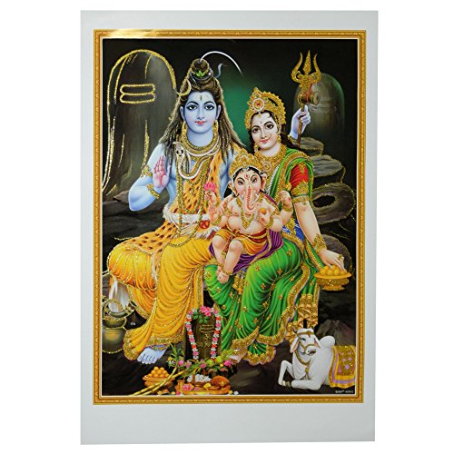indischerbasar.de Imagen Shiva y Parvati con Ganesha 50 x 70 cm Dioses hinduismo lámina póster Dorado India decoración