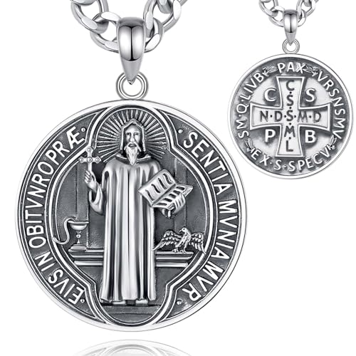 INFUSEU Collar De San Benito, Plata De Ley 925 Medalla San Benito Colgante Patrono Cristiana Protección Religiosa Protección Espiritual Divina Joyería Doble Uso Amuleto Regalos Hombres Mujeres