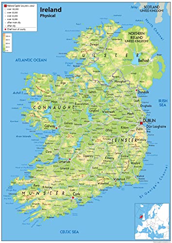 Irlanda Física mapa – Papel laminado, color transparente A2 Size 42 x 59.4 cm