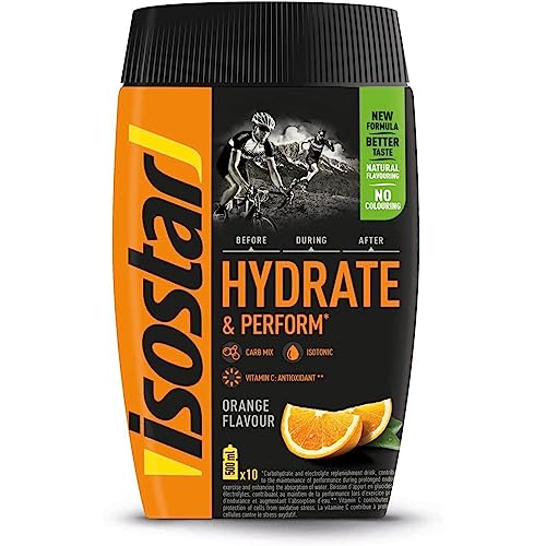 Isostar Hydrate & Perform - 400 g de Bebida Electrolítica Isotónica - Solución Electrolítica para Mejorar el Rendimiento Deportivo – Sabor Naranja, 10 raciones