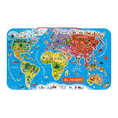 Janod - Puzzle magnético Mapa del Mundo en madera- 92 piezas magnéticas - 70 x 43 cm - Versión Española - Juego educativo a partir de 7 años, J05503