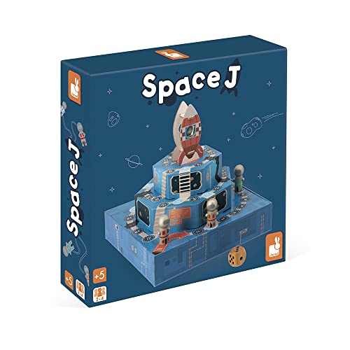 Janod - Space J - Juego de Mesa para Niños - Tema del Espacio - Juego de Mesa 3D de Madera y Cartón - 2 a 4 Jugadores - Certificado FSC - A partir de 5 Años, J02474