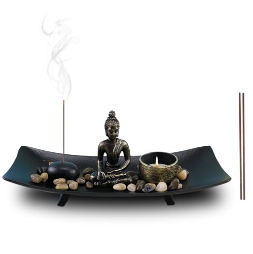 Jardín Zen con figura de Buda: decoración de Nizirioo japonesa, estatua de Buda con piedras naturales y portavelas, estatua de Buda sentado para regalo, meditación, relajación, decoración
