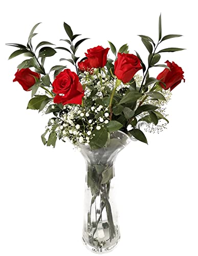JARDIN202 - Ramo de Rosas Rojas Naturales | Flor Natural | Ramo de rosas rojas frescas | 60cm de alto | Ramo de 6 tallos (Estilo tradicional)