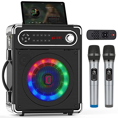 JAUYXIAN Altavoz Bluetooth, Sistema de Sonido de Fiesta con 2 micrófonos inalámbricos, Altavoz portátil Caja de música con Luces LED Compatible con Tarjeta USB/TF/AUX/FM/Rec (Negro)