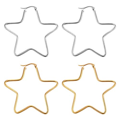 JewelryWe 2 pares de pendientes de aro de acero inoxidable pulido de alto grado de cinco puntas en forma de estrella para mujeres (oro/plata)