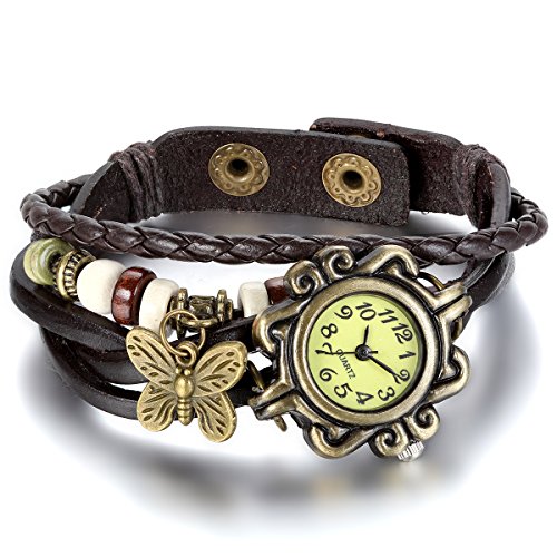 JewelryWe Reloj de Pulsera de Cuarzo para Mujer, Reloj para Mujer con Colgante de Mariposa, Pulsera Vintage Marrón, Regalo para Mujer