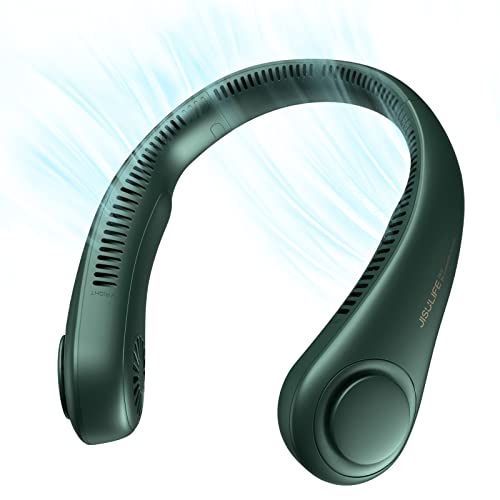 JISULIFE Ventilador de Cuello Portátil, 4000 mAh Ventilador Cuello USB Recargable con, Ventilador de Cuello Colgante Sin Hojas con 3 Velocidades-Verde Oscuro