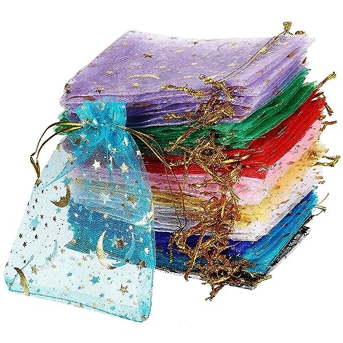 JOCXZI 100 bolsas de organza de 9 x 12 cm, mezcla de color organza, fundas con diseño de estrella y luna para regalos joyas diarias, línea de oro, cinta de regalo para festivales de boda
