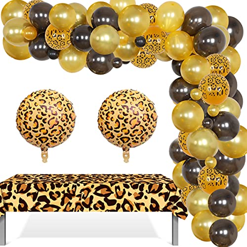 JOYMEMO Suministros de fiesta estampado leopardo, guirnalda kit arco de globo, globos de leopardo, mantel para dejar de conseguir decoraciones fiesta temática africana salvaje