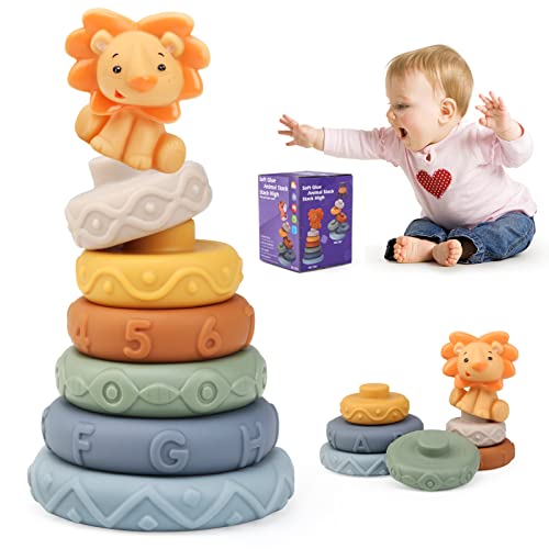 JoyPlus Juguetes Montessori Bebes 0-12 Meses, 7 Piezas Juguetes Apilables para Apretar, Círculo de Anidación con Figura de León, Regalo de Juguete de Educación Temprana para Bebés 6+ Meses