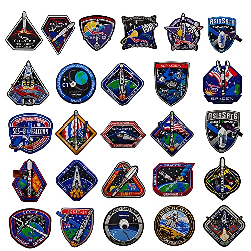 Juego de 26 parches de misión pública SpaceX Falcon 9 Rocket Launch Space Explorer Calcomanías Elon Musk Tactic Militar Coser en Emblema Bordado Decorativo Apliques