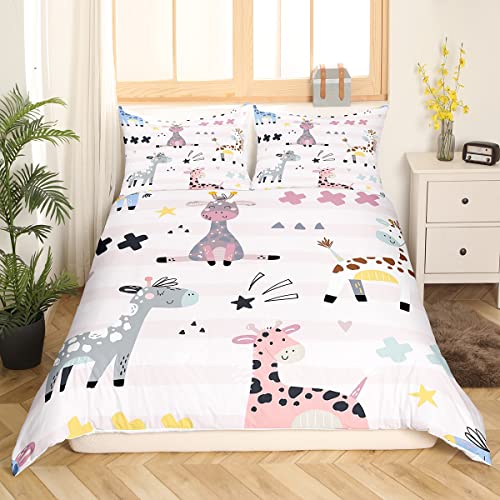 Juego de cama para niños con diseño de zoológico, 135x200 cm, con diseño de jirafa, para niños, niñas, rosa, rayas, decoración, juego de ropa de cama con triángulos y estrellas y 1 funda de almohada