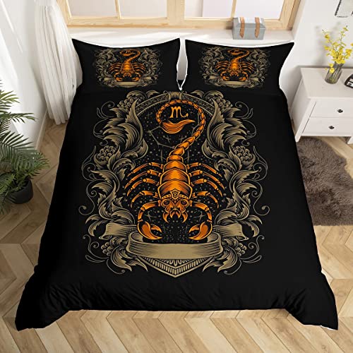 Juego de ropa de cama con diseño de escorpión exótico, diseño de tribu étnica, diseño de escorpión, estilo vintage, diseño de animales de escorpión, juego de cama de constelación de escorpio, tamaño