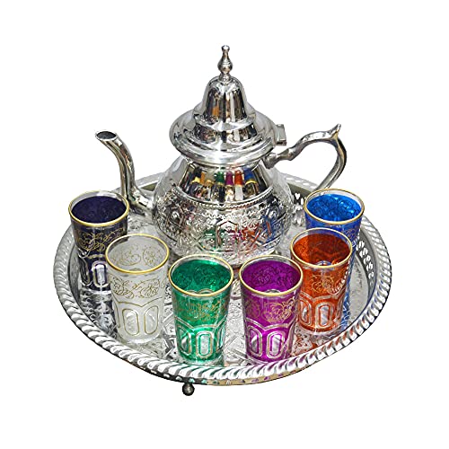 Juego de té marroquí, Tetera de Plata Alemana o Alpaca de 800 ml con patas, Bandeja con Patas 32 cm y 6 Vasos de Colores
