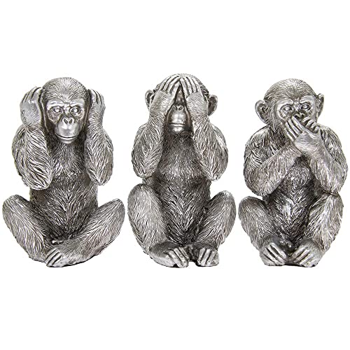 Juego de tres monos sabios con acabado en efecto plata antiguo para decoración