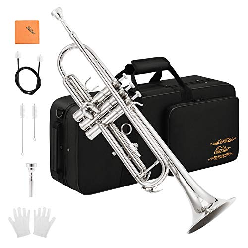 Juego de trompeta estándar Eastar Bb para principiantes, instrumento de trompeta de estudiante de latón con estuche rígido, kit de limpieza, boquilla 7C y guantes, ETR-380N, plateado