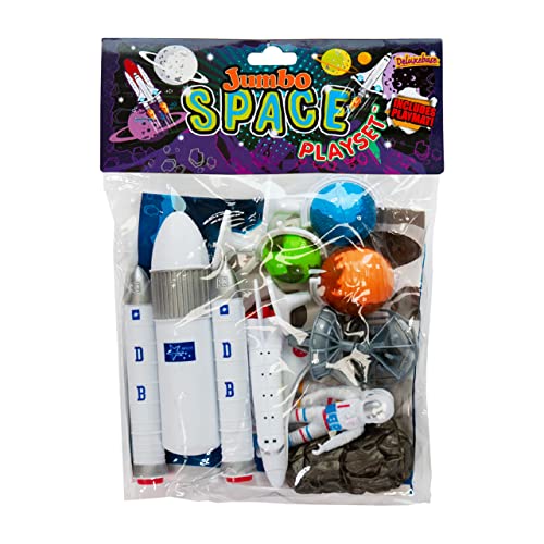 Jumbo Playset - El Espacio de Deluxebase. Set con Figuras del Espacio. Bolsa de Juguetes espaciales Grandes, Incluye un Transbordador Espacial, Cohete y astronautas. Juguetes de astronomía para niños