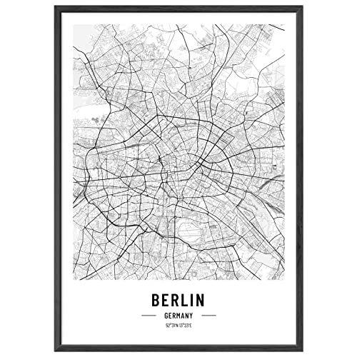 JUNOMI® Póster de Berlín XL en blanco y negro, DIN A2, decoración de salón, moderno cuadro de Berlín, mural sin marco, mapa de la ciudad, póster Berlín, idea de regalo perfecta para Berlín