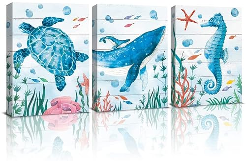 KAIRNE Juego de 3 pósteres azules con marco, diseño de animales marinos, para cuarto de baño, decoración de salón, cuadro de pared moderno, 30 × 40 cm