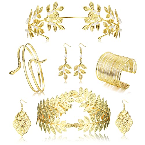 Kakonia Juego de accesorios para disfraz de diosa griega para mujer, corona de hoja de laurel dorada, diadema de serpiente pulsera de bobina, aretes colgantes dorados